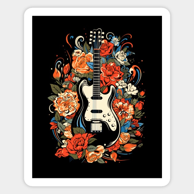 Electric Guitar Retro Red Orange Blue Wild Nature Flowers Sticker by joannejgg